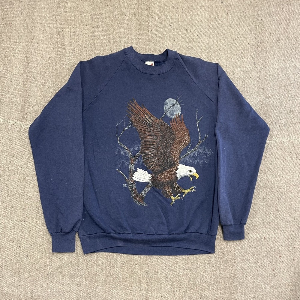 Vintage Bald Eagle Flying Sweatshirt Men XL Blue 1990s Jerzees